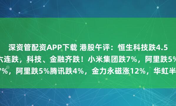 深资管配资APP下载 港股午评：恒生科技跌4.54%，恒指下挫超900点六连跌，科技、金融齐跌！小米集团跌7%，阿里跌5%腾讯跌4%，金力永磁涨12%，华虹半导体涨3.6%